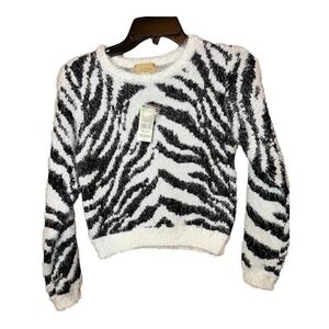 Sears Girls Plus Zebra Print Eyelash Knit Sweater Black White Size M 10/12 NEW